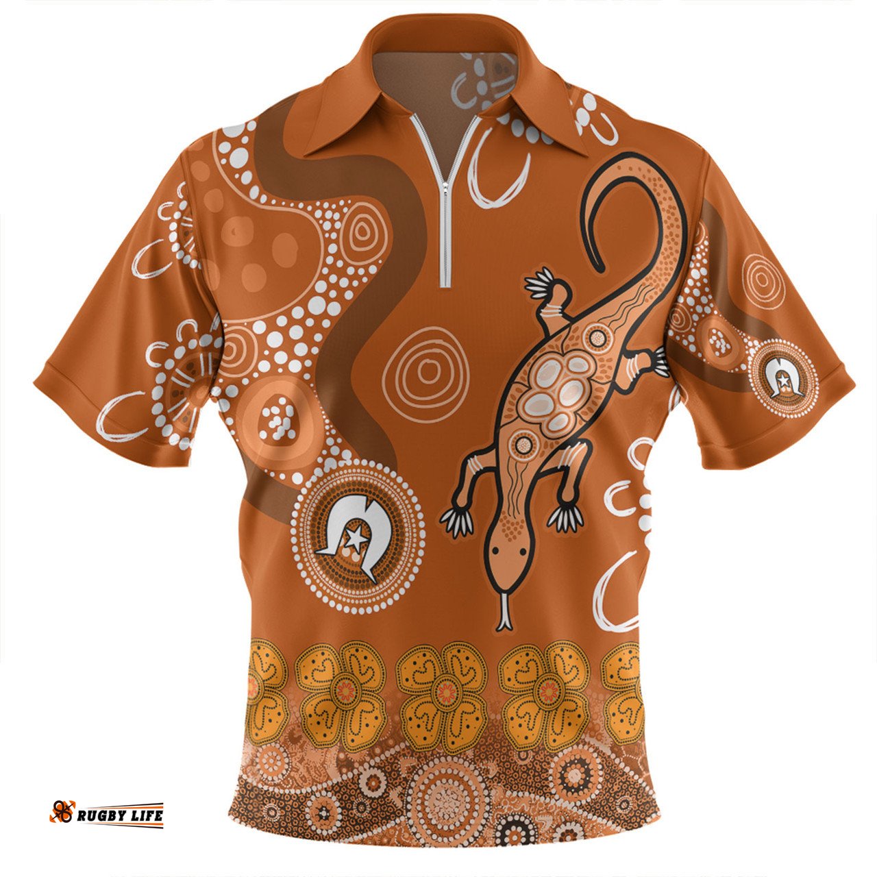 Australia Goanna Aboriginal Indigenous Dot Goanna (Orange) Zip Polo Shirt