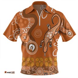 Australia Goanna Aboriginal Indigenous Dot Goanna (Orange) Zip Polo Shirt