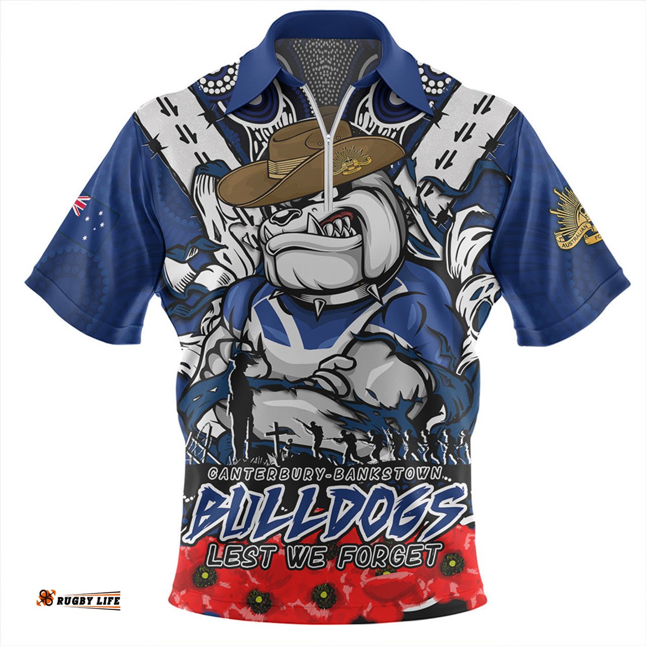 Canterbury Bankstown Bulldogs Ripped Legacy Of The Game The ANZAC Spirit Lives On Zip Polo Shirt