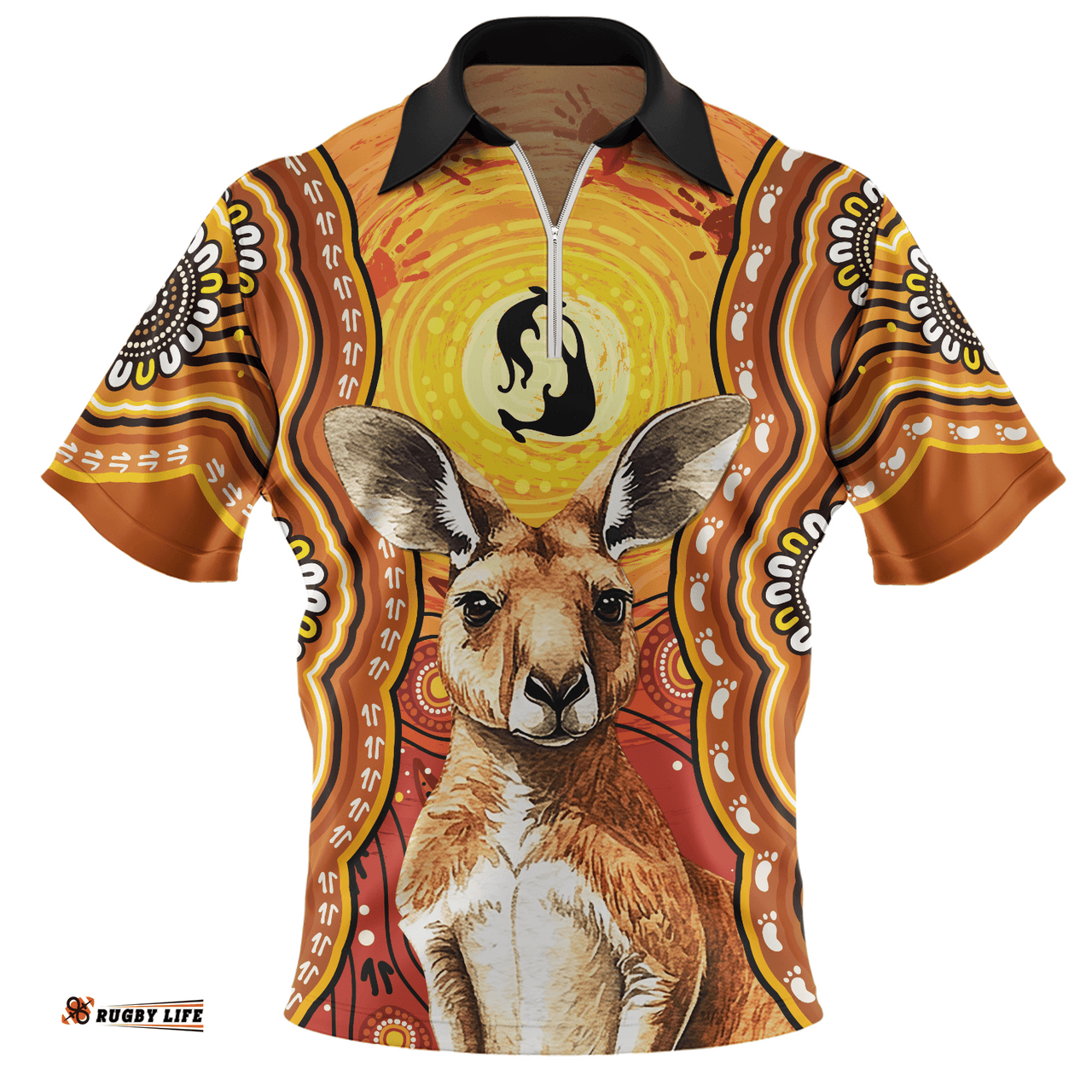 Australia Aboriginal Kangaroo Dreaming With Dot Art Zip Polo Shirt