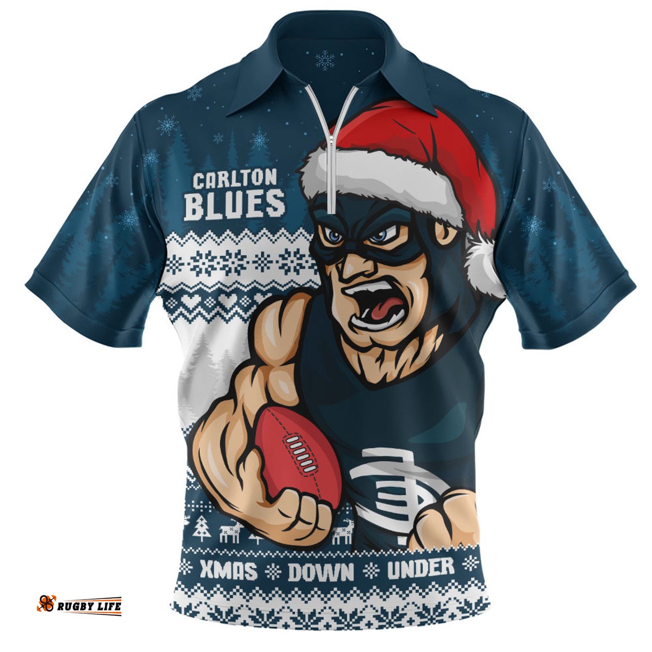 Carlton Merry Christmas Down Under Footy Power Style Zip Polo Shirt