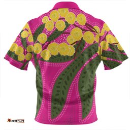 Australia Flowers Aboriginal Australian Yellow Wattle Flowers Painting In Aboriginal Dot Art Style Zip Polo Shirt