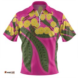 Australia Flowers Aboriginal Australian Yellow Wattle Flowers Painting In Aboriginal Dot Art Style Zip Polo Shirt