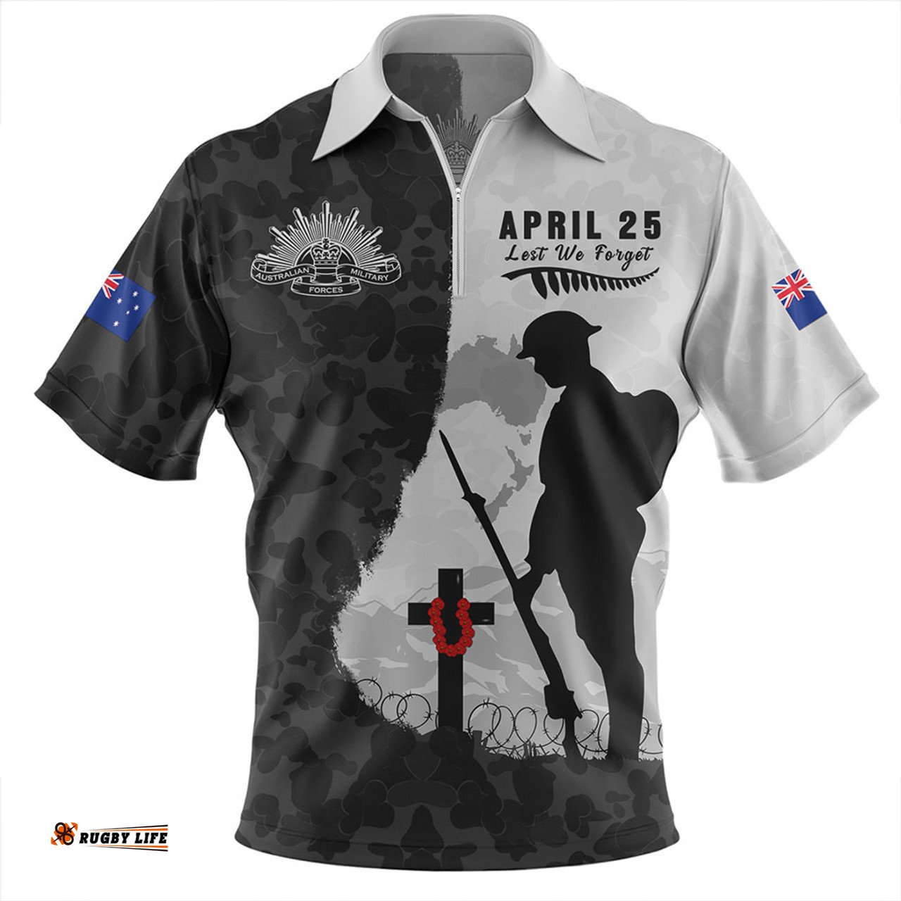 Australia Anzac Day Lest We Forget Black Grunge Style Zip Polo Shirt