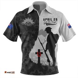 Australia Anzac Day Lest We Forget Black Grunge Style Zip Polo Shirt