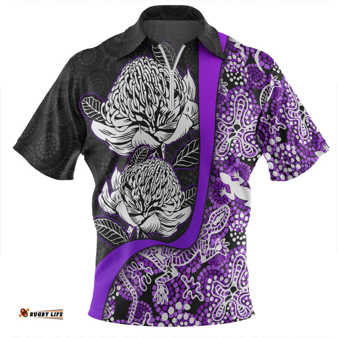 Australia Warratah Goanna Aboriginal Waratah Flowers With Purple Lizards, Stones, Sand Dot Art Painting Inspired Zip Polo Shirt