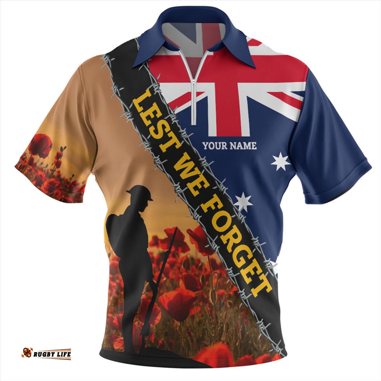 Australia Custom Anzac Day Let We Forget Barbed Wire Zip Polo Shirt