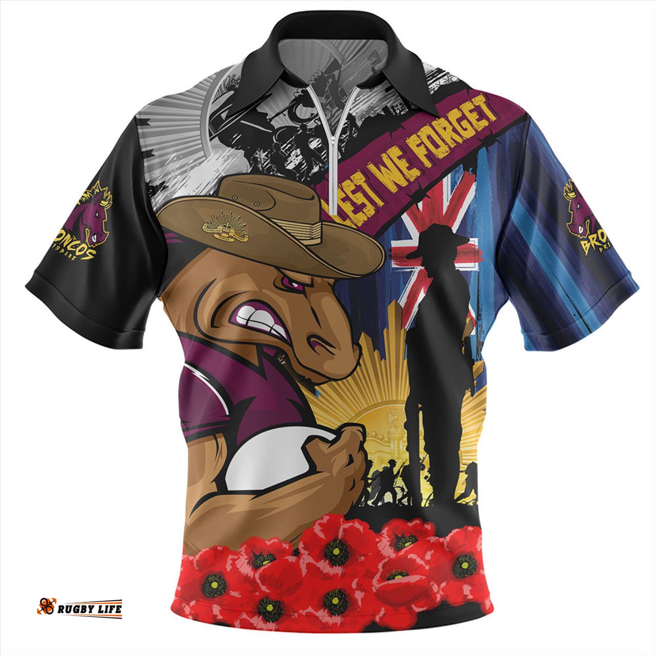 Brisbane Broncos United In Spirit Anzac Day Tribute Zip Polo Shirt