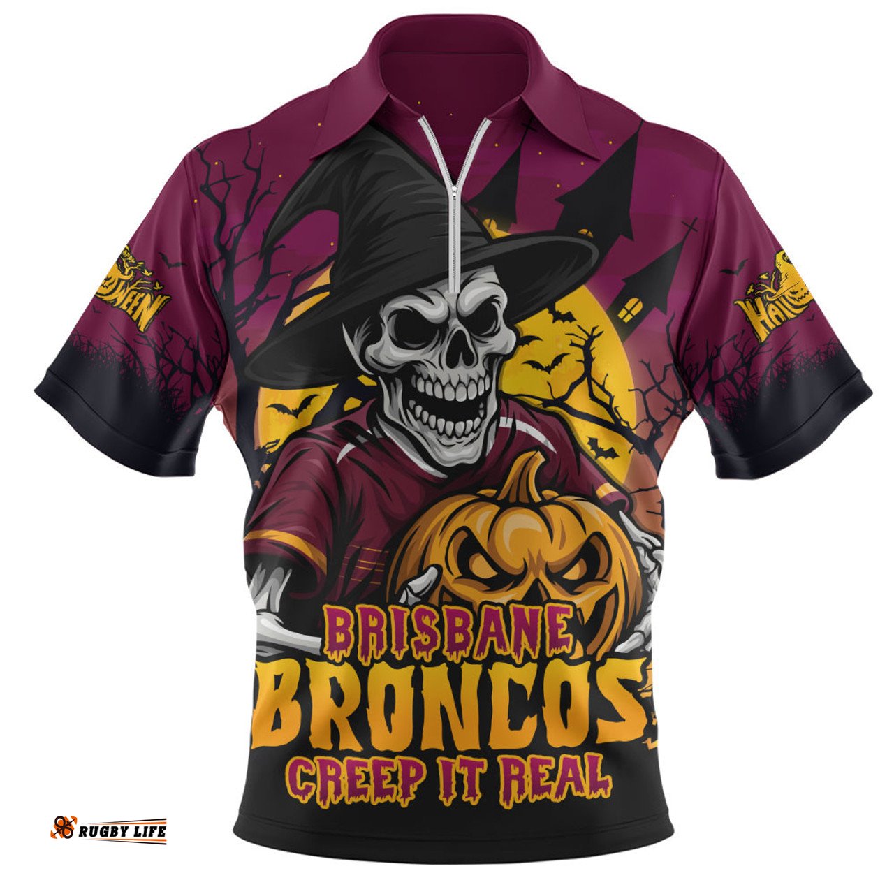 Brisbane Broncos Dark Moon Rugby Halloween Battle Edition Zip Polo Shirt