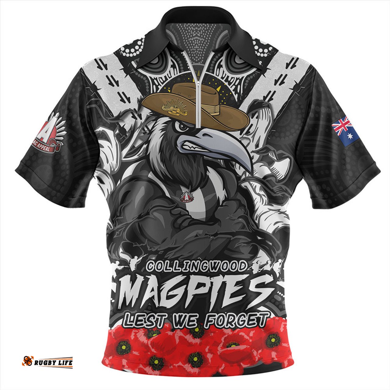 Collingwood Ripped Legacy Of The Game The ANZAC Spirit Lives On Zip Polo Shirt