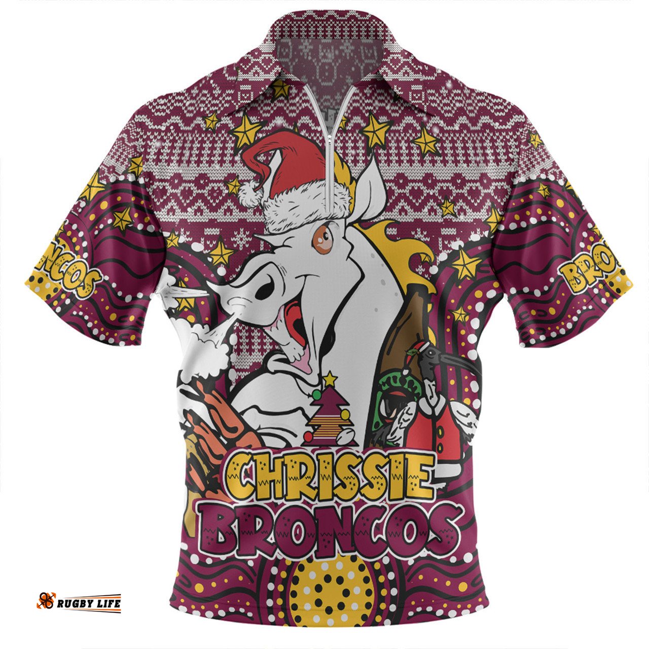 Brisbane Broncos Christmas Custom Christmas Knit Patterns Vintage Jersey Ugly Zip Polo Shirt