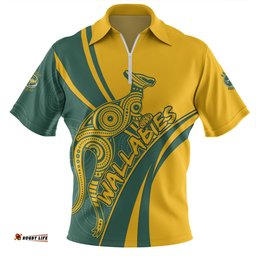 Australia Wallabies Squad Aboriginal Pattern Inspired Zip Polo Shirt