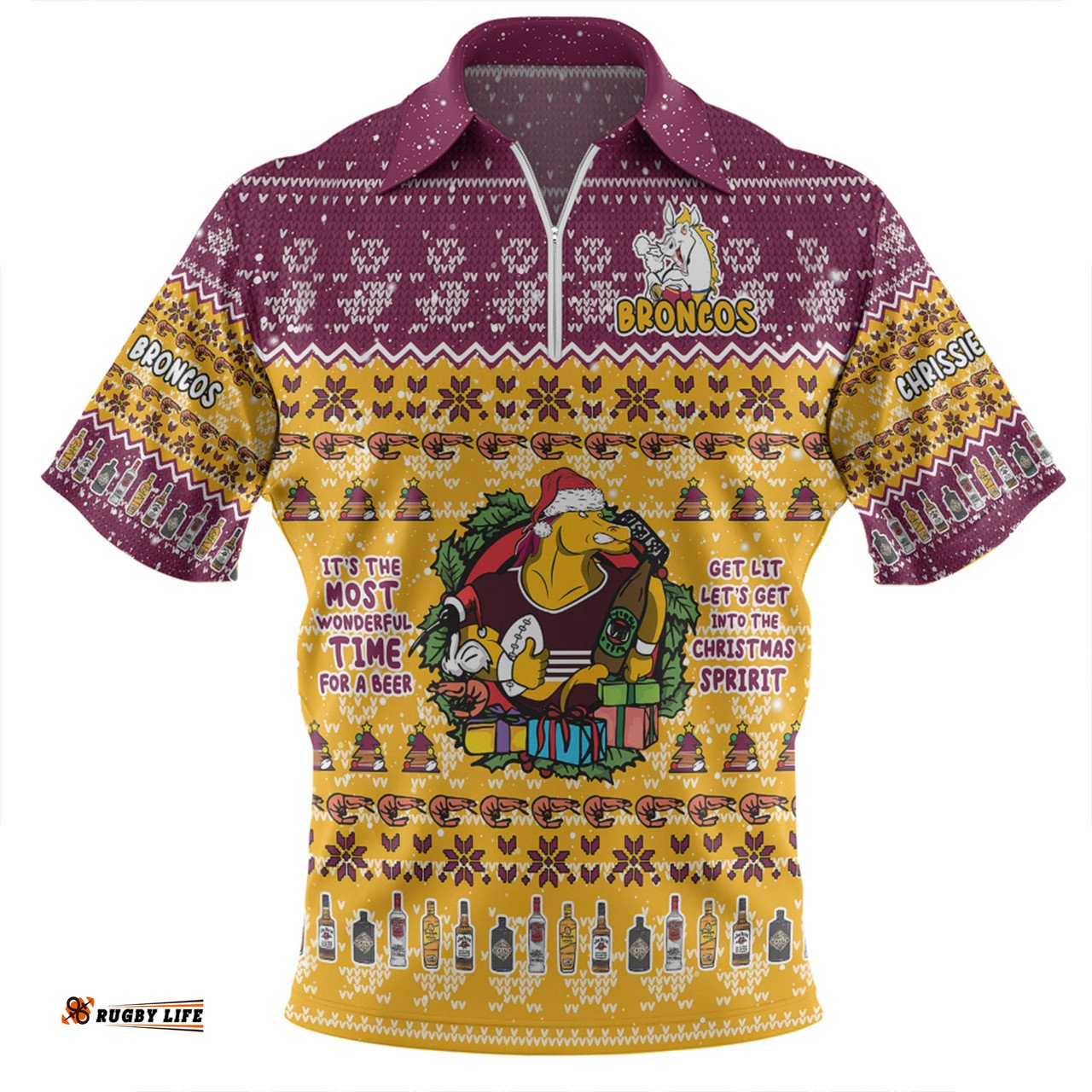 Brisbane Broncos Christmas Custom Chrissie Spirit Zip Polo Shirt