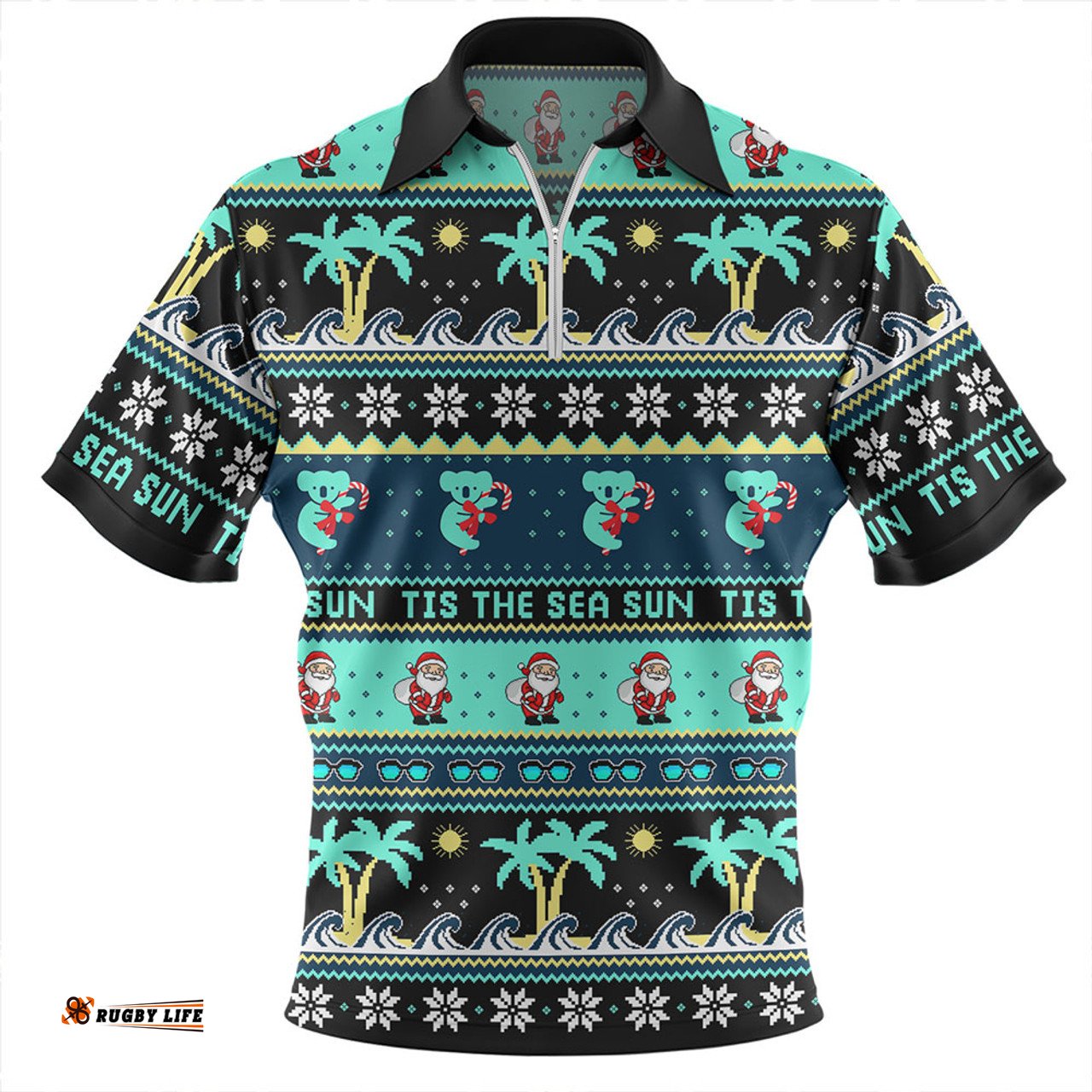 Australia Sunny Christmas By The Sea Black Zip Polo Shirt