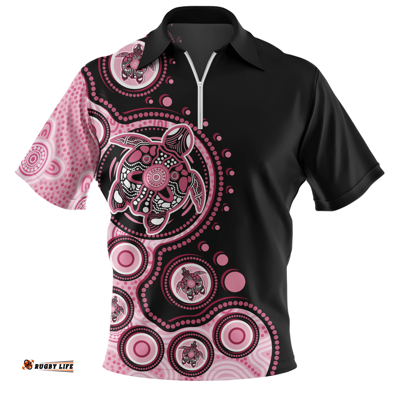 Australia Indigenous Turtle Aboriginal Dot Art Pink Zip Polo Shirt