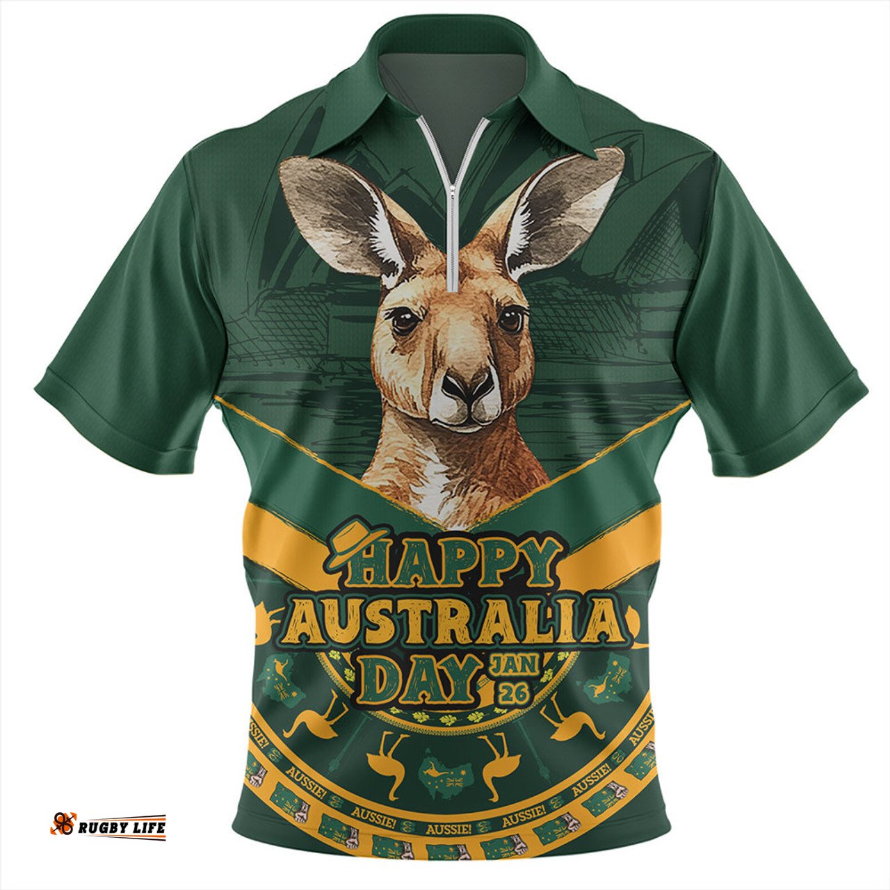 Australia Kangaroo Pride Australia Day Green Zip Polo Shirt