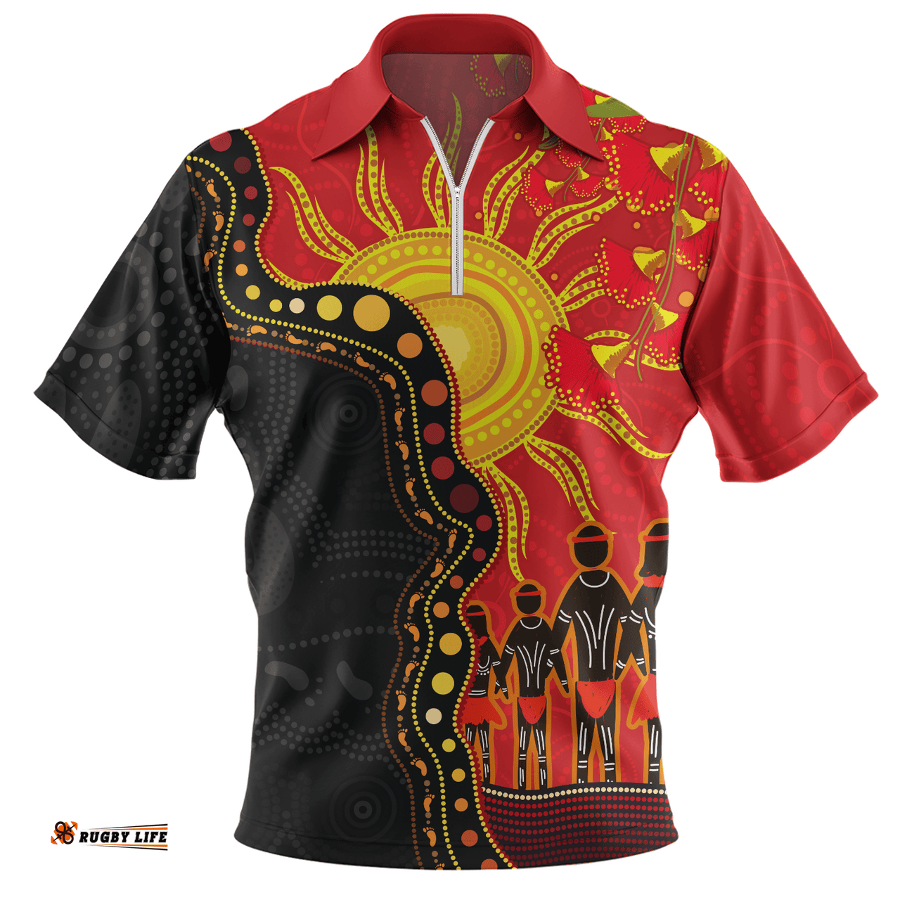 Australia Indigenous Dot Painting Inspired By The Aboriginal Flag Zip Polo Shirt