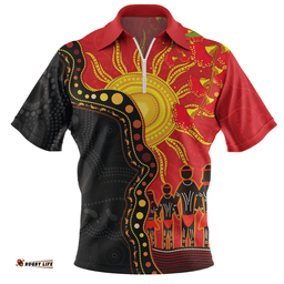 Australia Indigenous Dot Painting Inspired By The Aboriginal Flag Zip Polo Shirt