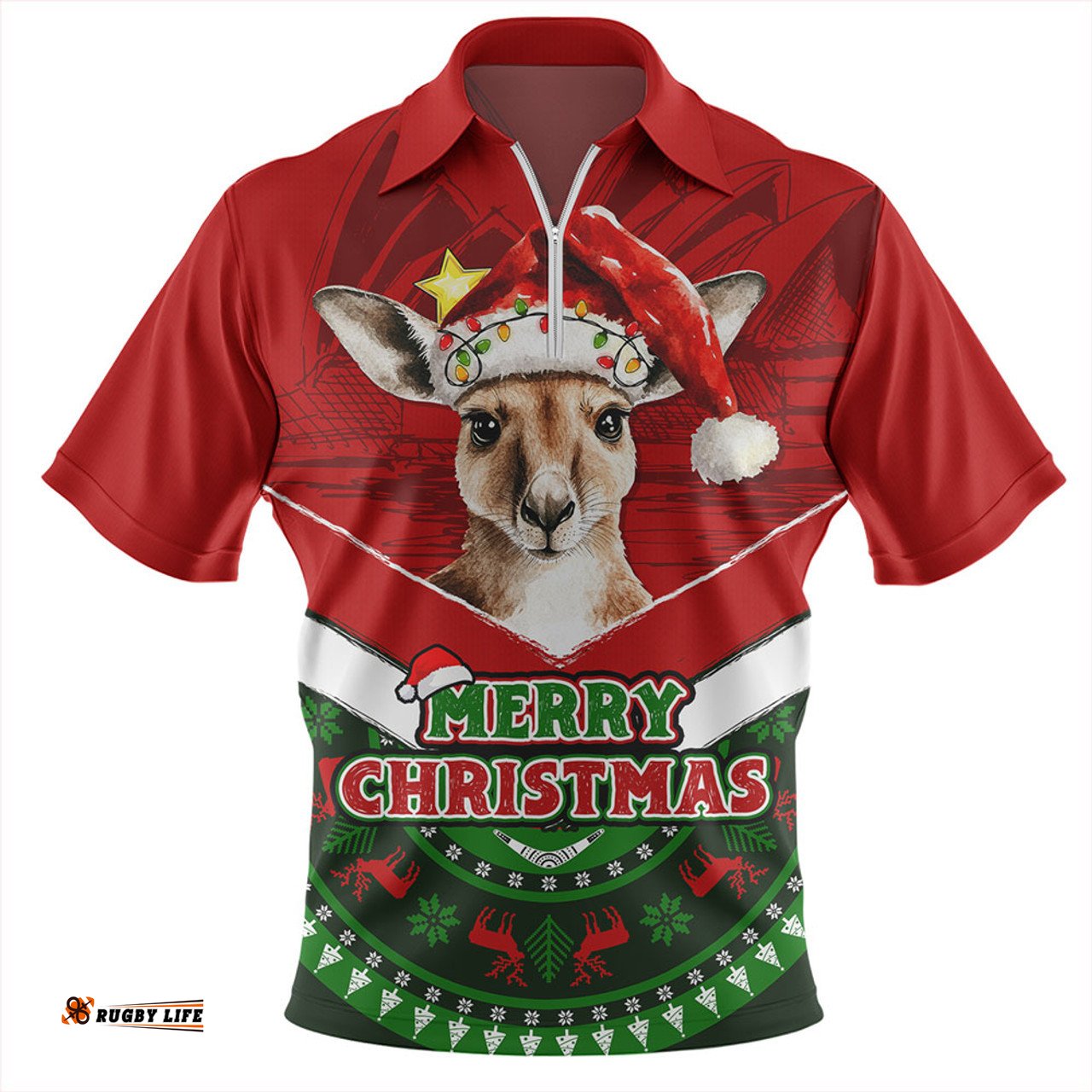 Australia Holiday Kangaroo Merry Christmas Zip Polo Shirt