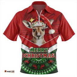 Australia Holiday Kangaroo Merry Christmas Zip Polo Shirt