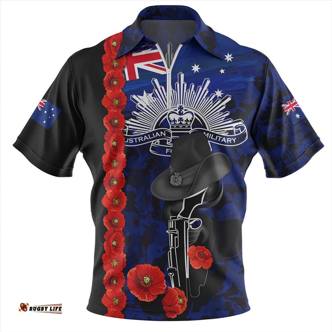 Australia Poppy Line Anzac Memorial Blue Zip Polo Shirt