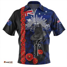 Australia Poppy Line Anzac Memorial Blue Zip Polo Shirt