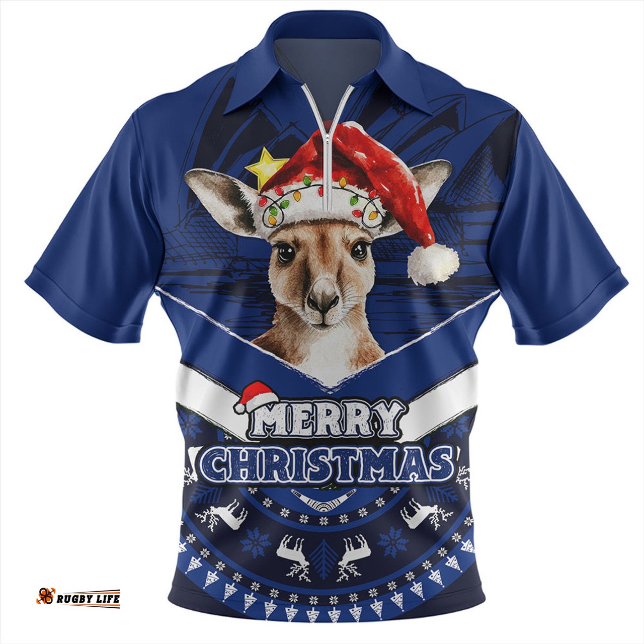 Australia Holiday Kangaroo Merry Christmas Blue Zip Polo Shirt