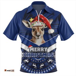 Australia Holiday Kangaroo Merry Christmas Blue Zip Polo Shirt