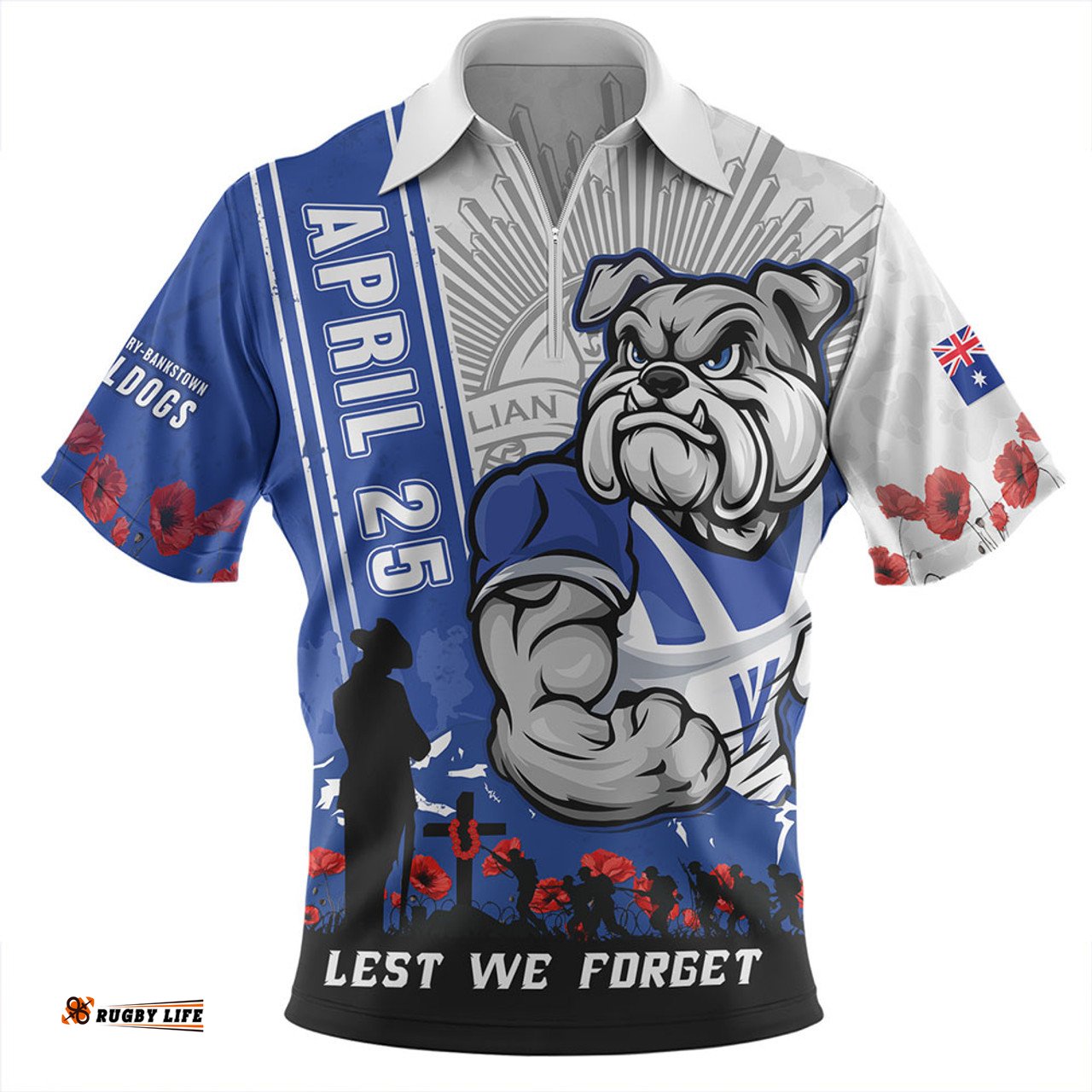 Canterbury Bankstown Bulldogs Anzac Day Lest We Forget Strong Fighting Spirit Zip Polo Shirt
