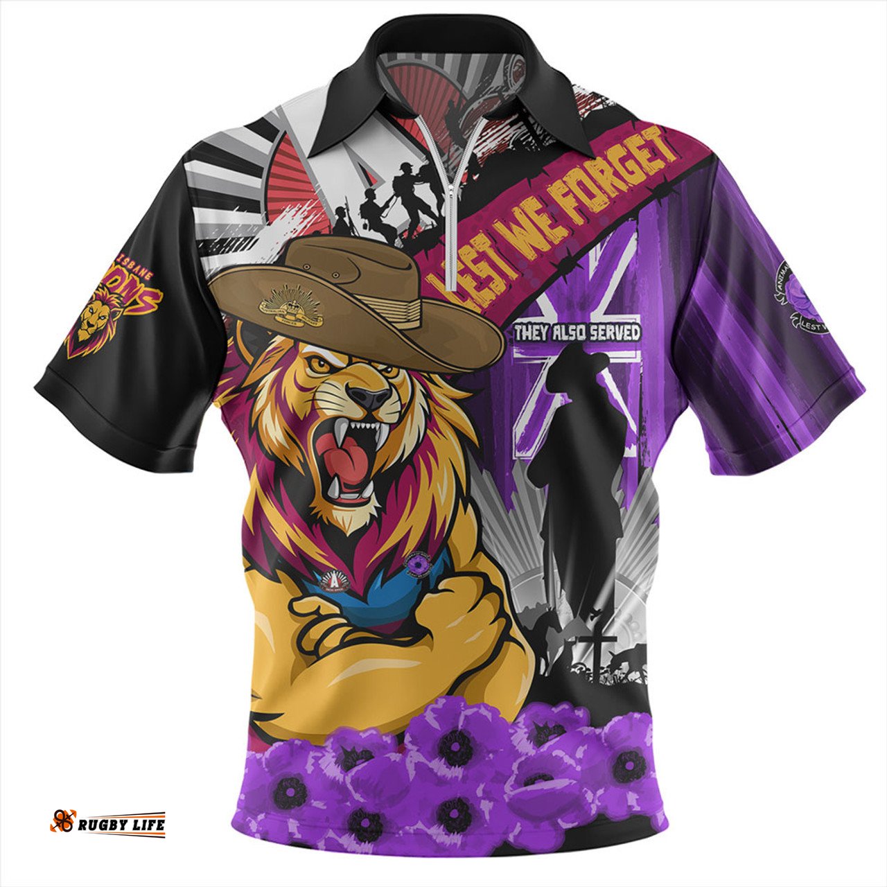 Brisbane Lions ANZAC Day Honor Purple Valor And Spirit Zip Polo Shirt