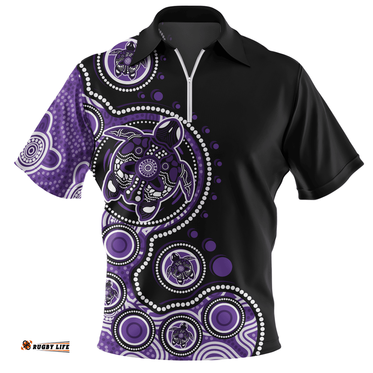 Australia Indigenous Turtle Aboriginal Dot Art Purple Zip Polo Shirt