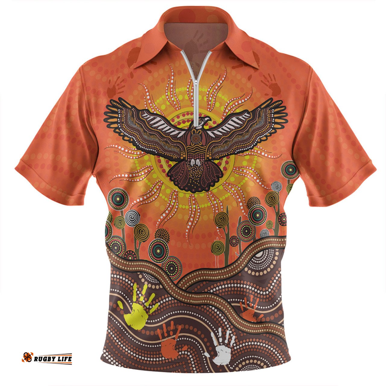 Australia Indigenous Flying Eagle With Aboriginal Dot Art Zip Polo Shirt