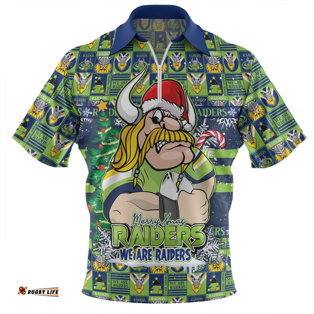 Canberra Raiders Merry Ugly Christmas Comic Style Zip Polo Shirt