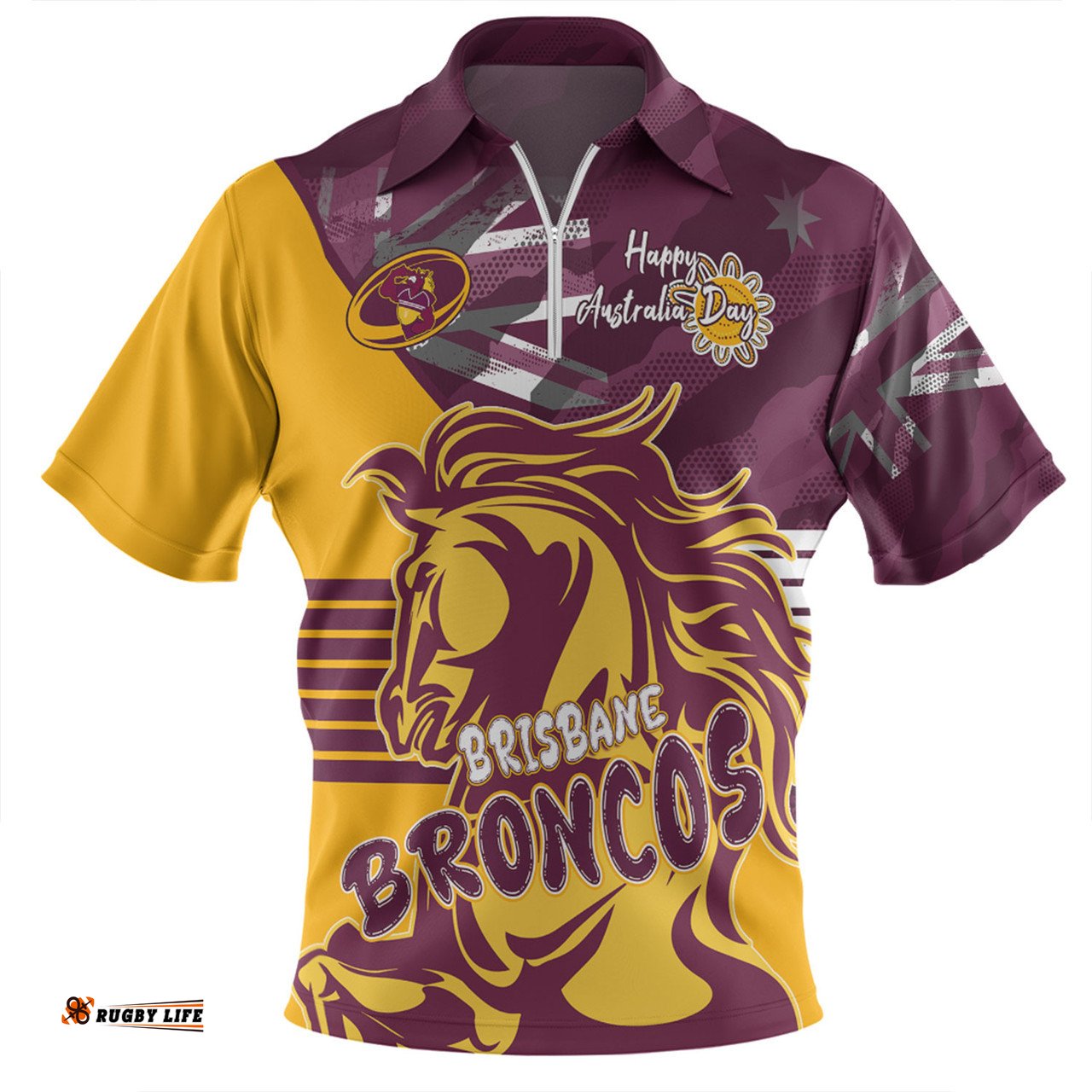 Brisbane Broncos Happy Australia Day We Are One And Free V2 Zip Polo Shirt