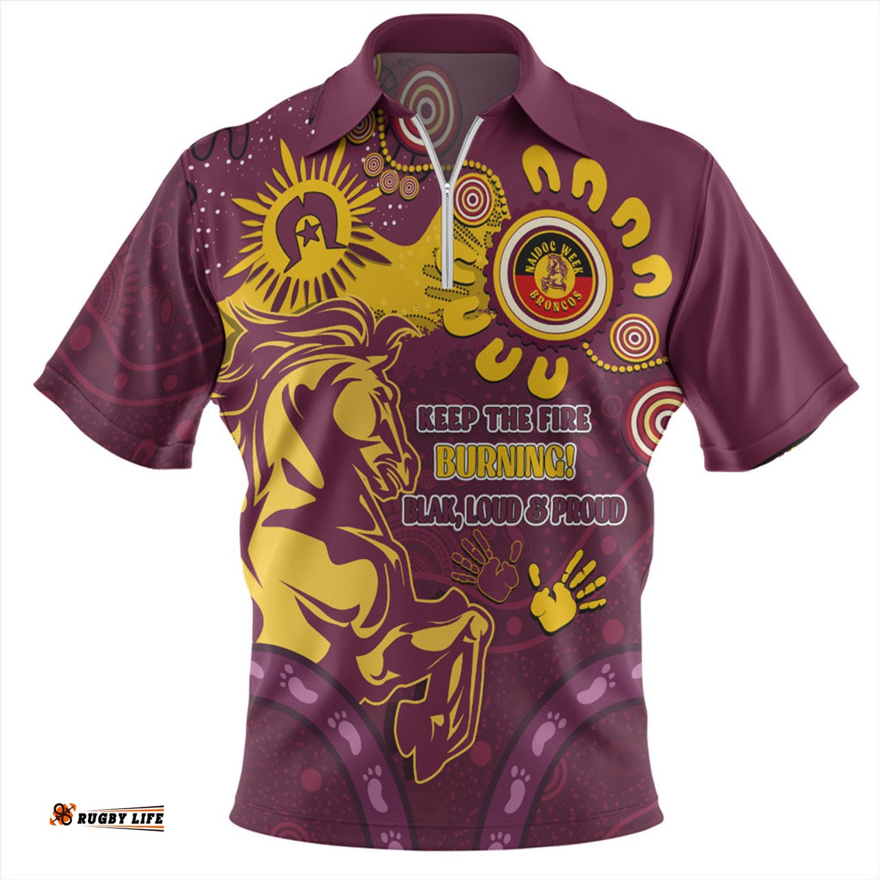 Brisbane Broncos Aboriginal Indigenous Naidoc Week Dreamtime Dot Painting With Flag Zip Polo Shirt