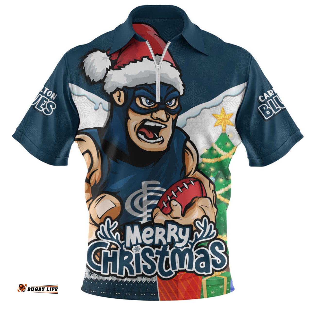 Carlton Santa Scoring Touchdown On Christmas Game Day Zip Polo Shirt