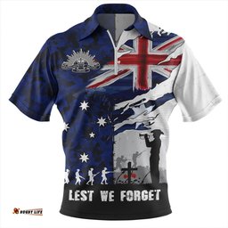 Australia Remembrance Day Lest We Forget Australian Military Tribute Blue Zip Polo Shirt