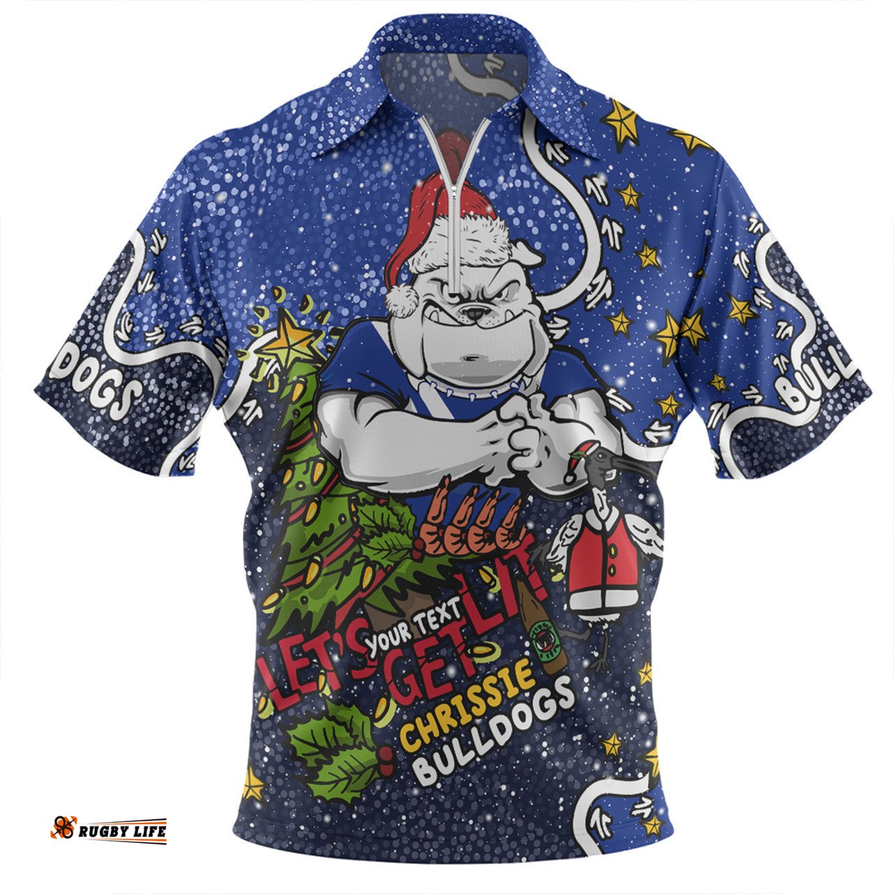 Canterbury Bankstown Bulldogs Christmas Custom Let's Get Lit Chrisse Pressie Zip Polo Shirt