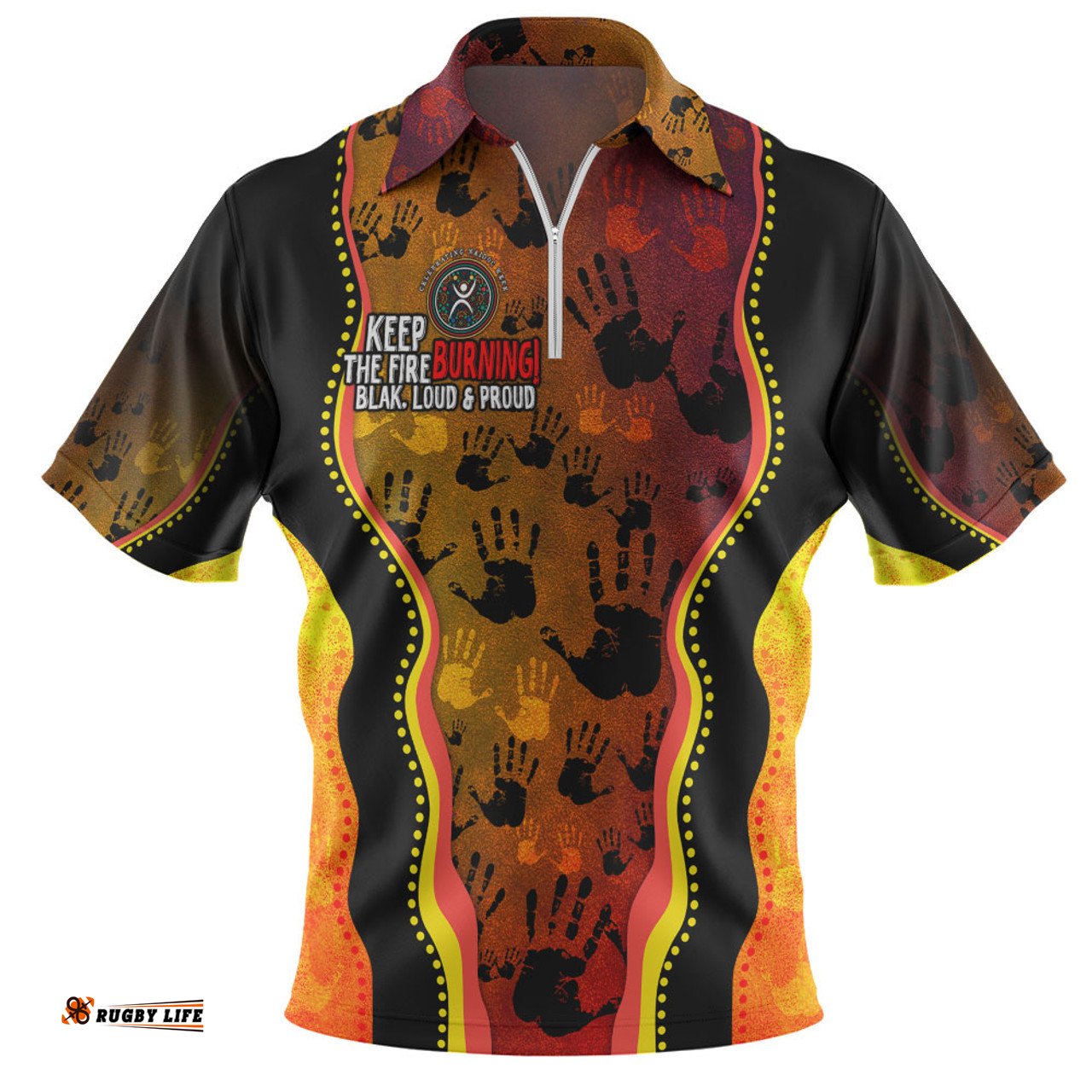 Australia Naidoc Hand Rock Art Indigenous Golden Style Zip Polo Shirt