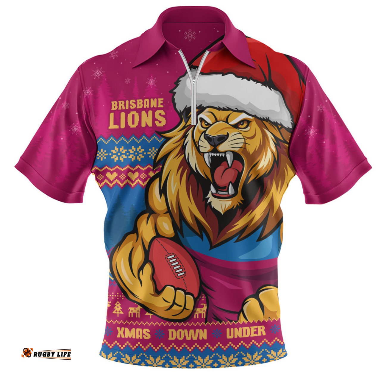 Brisbane Lions Merry Christmas Down Under Footy Power Style Zip Polo Shirt
