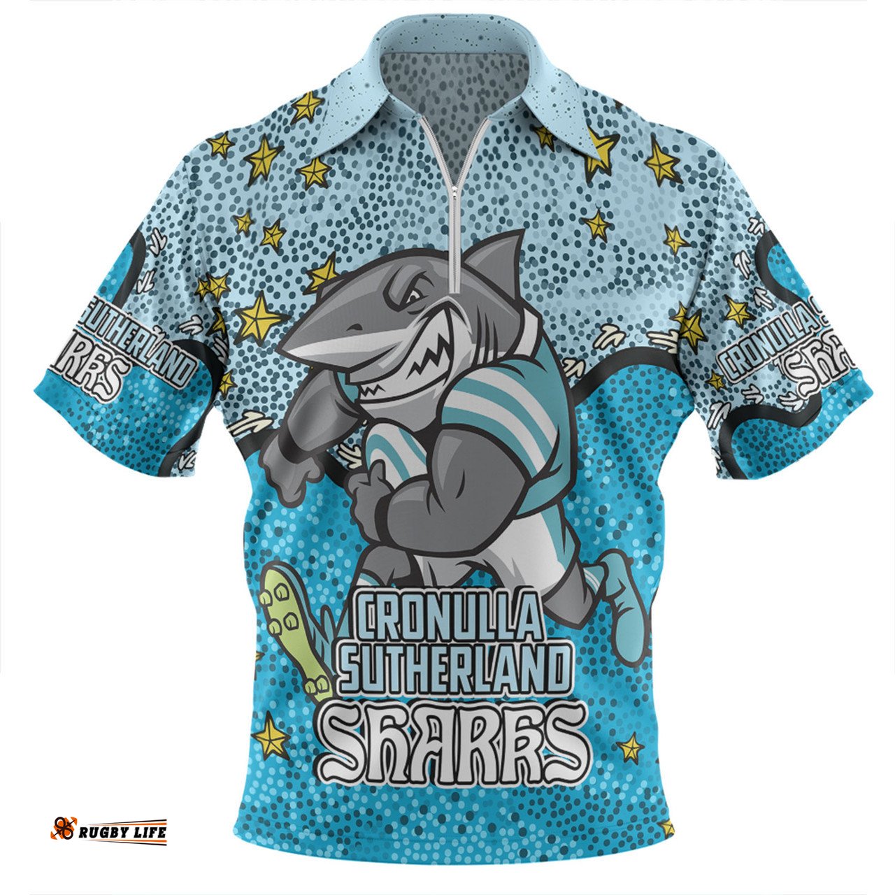 Cronulla Sutherland Sharks Custom Team With Dot And Star Patterns For Tough Fan Zip Polo Shirt