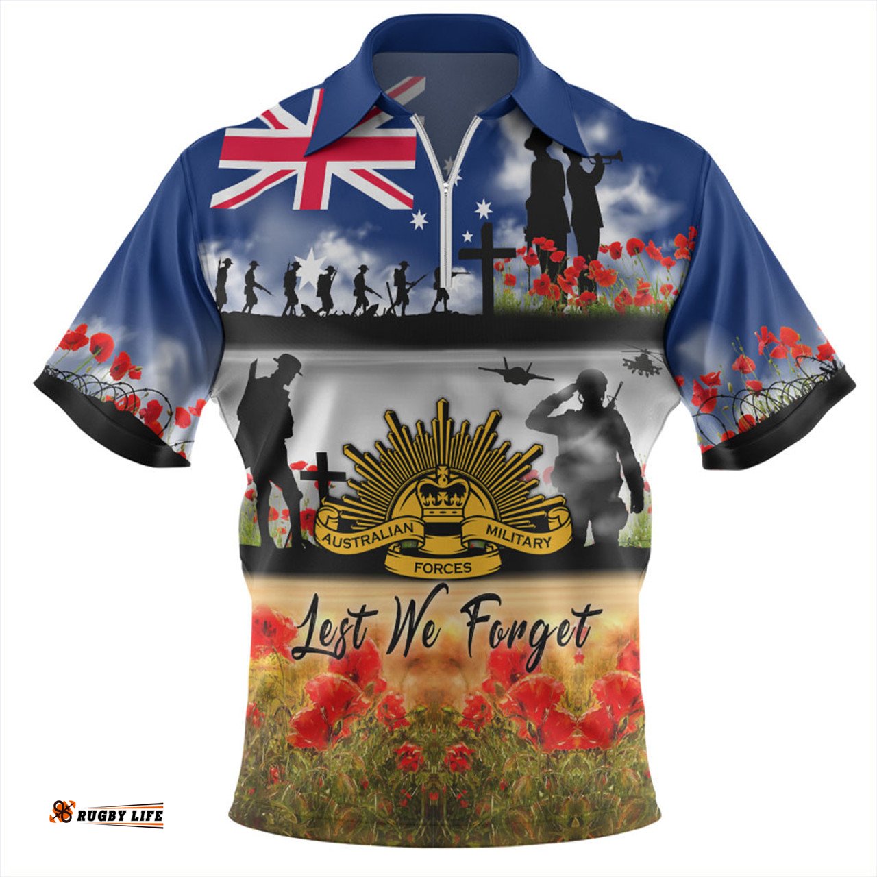 Australia Lest We Forget Poppies And Soldiers Army Style Zip Polo Shirt
