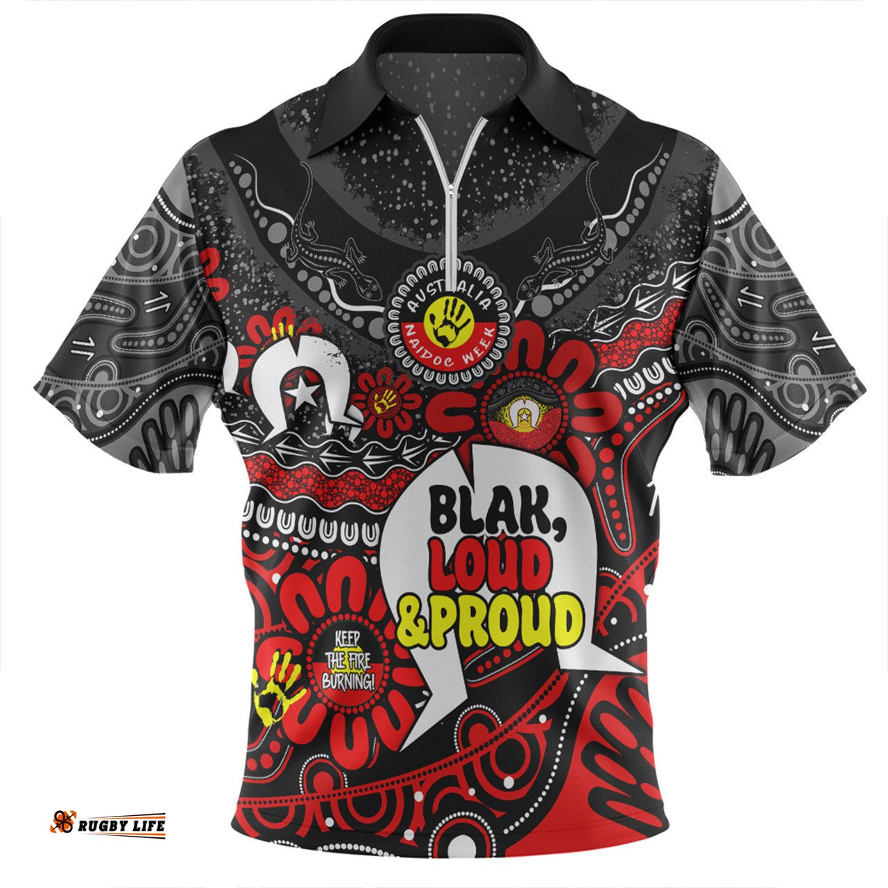Australia Naidoc Week Torres Strait Symbol With Aboriginal Pattern Inspired Black Zip Polo Shirt