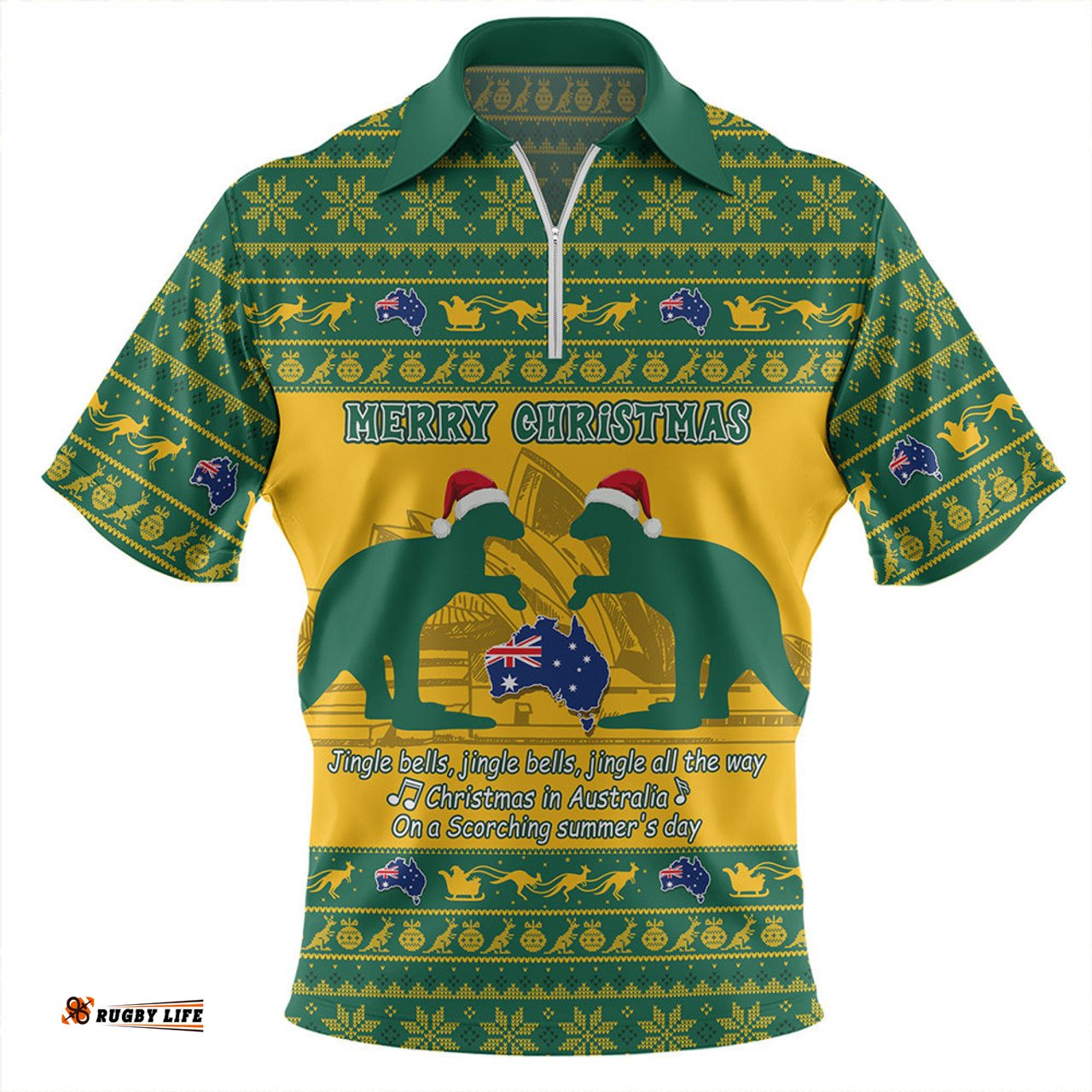 Australia Scorching Australia Christmas Green Zip Polo Shirt