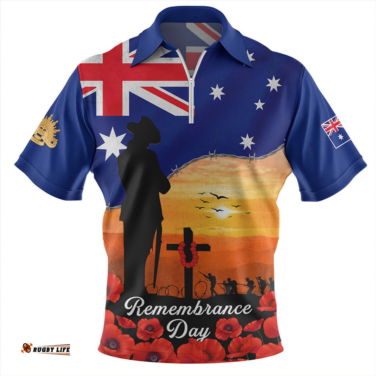Australia Lest We Forget Remembrance Day Tribute Zip Polo Shirt