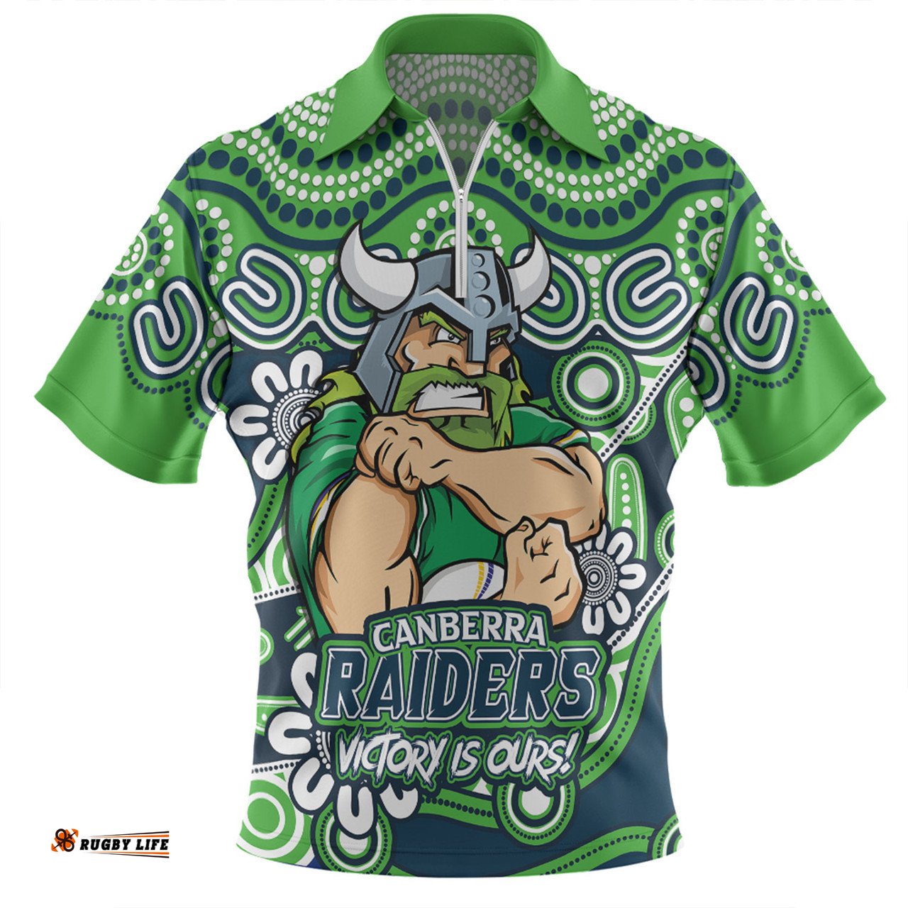 Canberra Raiders Aboriginal Inspired Tough Fan Rugby For Life Zip Polo Shirt