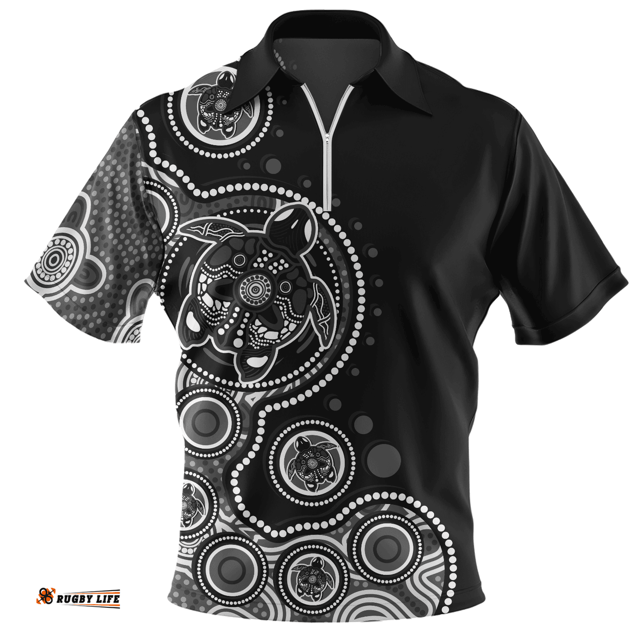 Australia Indigenous Turtle Aboriginal Dot Art Black Zip Polo Shirt