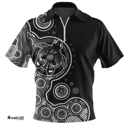 Australia Indigenous Turtle Aboriginal Dot Art Black Zip Polo Shirt