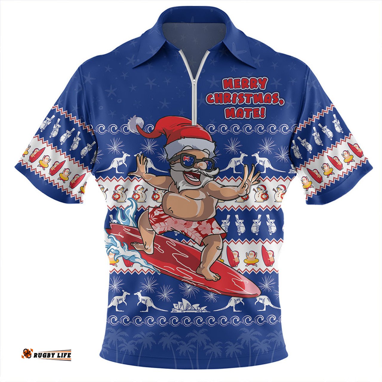 Australia Merry Christmas Mate Surf's Up Santa Blue Zip Polo Shirt