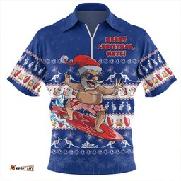 Australia Merry Christmas Mate Surf's Up Santa Blue Zip Polo Shirt